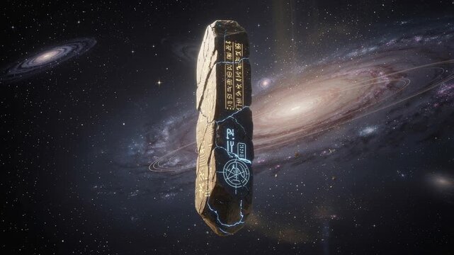 Ancient mystical stone monolith with glowing symbols floating in deep space galaxy background