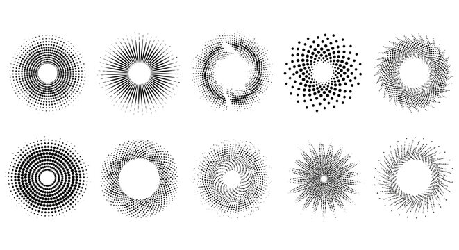 Abstract circular halftone patterns and geometric designs, a collection of radial elements