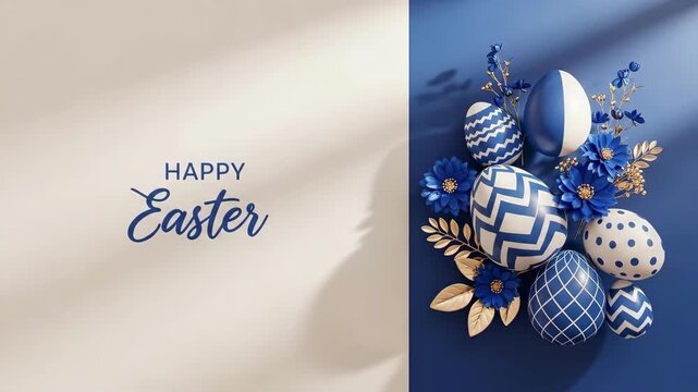 Happy Easter text with blue eggs decoration. Festive greeting card design and spring holiday concept for celebration banner or background poster.