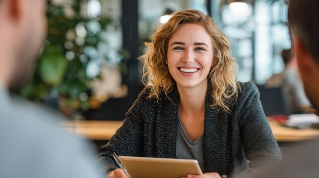 customer service relations, female loan clerk in inviting, well-lit office making eye contact with client, creating a warm atmosphere, conveying trust and helpfulness