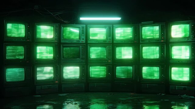 Wall of retro CRT televisions displaying green static in a dark room