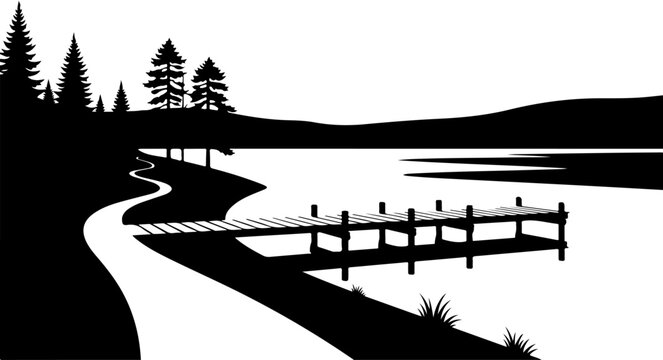 Black silhouette landscape vector with lake, bridge and trees