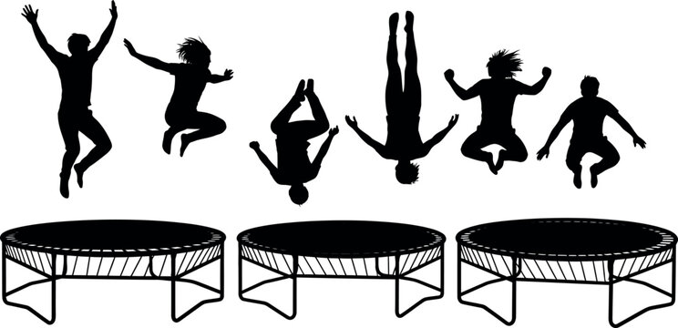 Silhouette of people jumping on trampolines in various poses with three trampolines