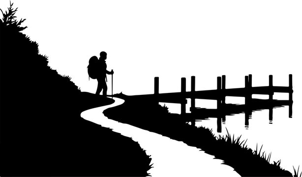 Vector silhouette of hiker on winding path with fence