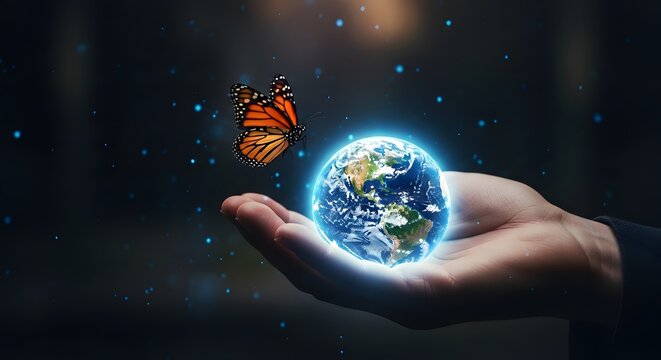 A hand holding the earth with a butterfly