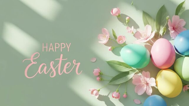 Happy Easter text with colorful Easter eggs decorated with spring leaves and blossoms. Festive flat lay for holiday greeting card.