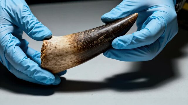 A close-up shot of a person wearing blue gloves holding a large fossilized dinosaur tooth.