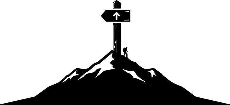 Mountain, Directional Sign, Silhouette, Vector Icon, Travel Symbol