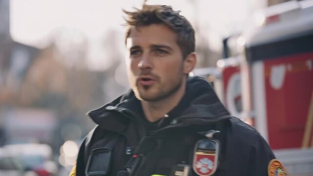 Heroic Responder: A dedicated emergency responder stands ready, embodying courage and professionalism amidst the city backdrop. He symbolizes vigilance, compassion.