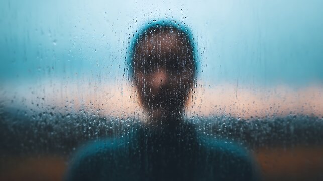 A blurred silhouette of a person seen through a rain-covered glass window during dusk.