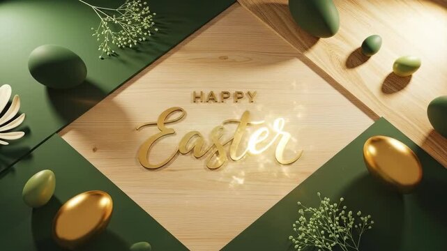 Happy Easter text on wood and green background with eggs and leaves for greeting card or banner template designs.