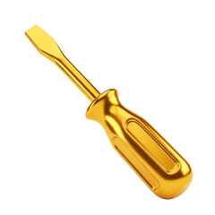 Fototapeta premium A shiny metallic gold screwdriver with a flat head tip and an ergonomic molded handle design isolated on white background