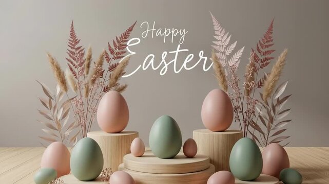 Happy Easter text with pastel egg display on wood podium perfect for springtime holiday greeting card and festive seasonal decoration.