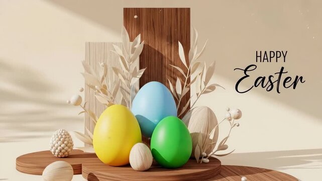 Easter eggs and wooden elements on a beige background with text happy Easter. Holiday celebration for greeting card poster or banner design.