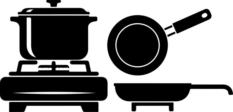 Kitchen Cooking Utensils, Black Silhouette Icons, Frying Pans, Pots, Stovetop Cooking