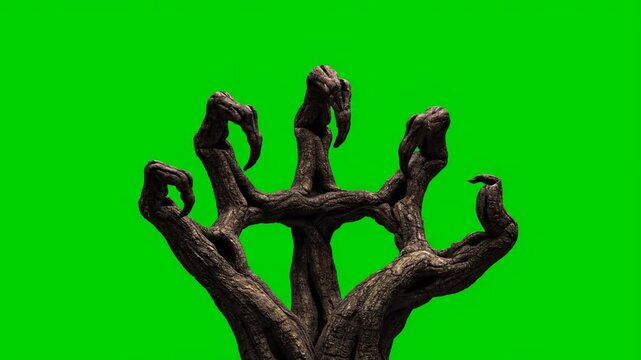 Gnarled, hand-like tree roots slowly reaching and grasping upwards, isolated on green screen alpha channel, growth, abstract