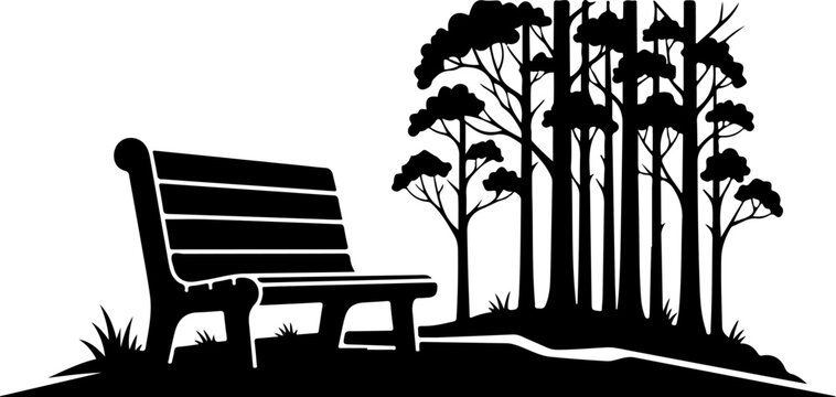 Vector silhouette of a park bench with trees