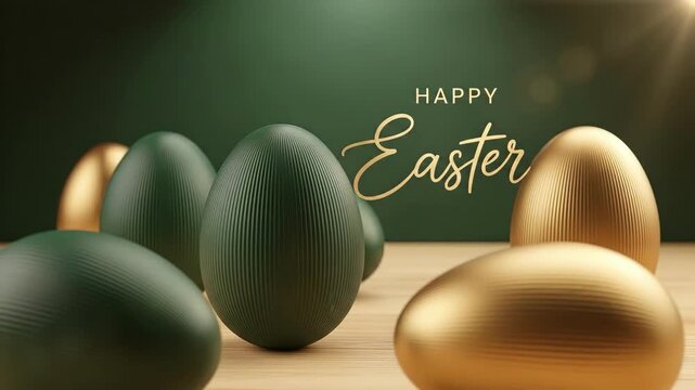 Green and gold textured Easter eggs on wooden table with Happy Easter text on green background for holiday greeting