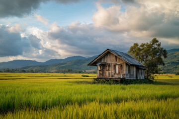 Obraz premium Wooden house in green rice field countryside