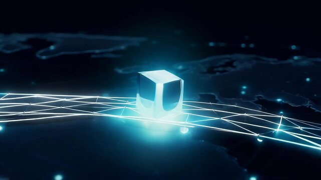 Glowing package icon traveling on illuminated map route