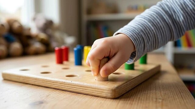 Sustainable wooden toys peg puzzle for child hand play Montessori activity. colorful educational game for fine motor skill development and color