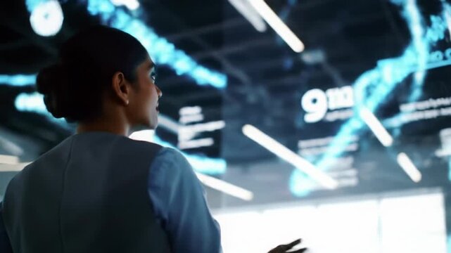 A confident mid-30s professional in business-casual interacts with a glowing holographic display, showing intricate data visualizations in a minimalist innovation hub. Concept of advanced data-driven