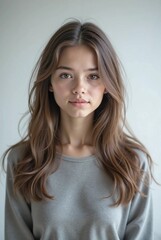 Fototapeta premium Natural Young Woman Portrait with Long Brown Hair against White Background