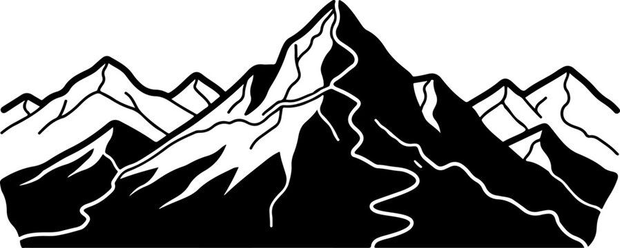 Vector mountain range silhouette, black and white landscape
