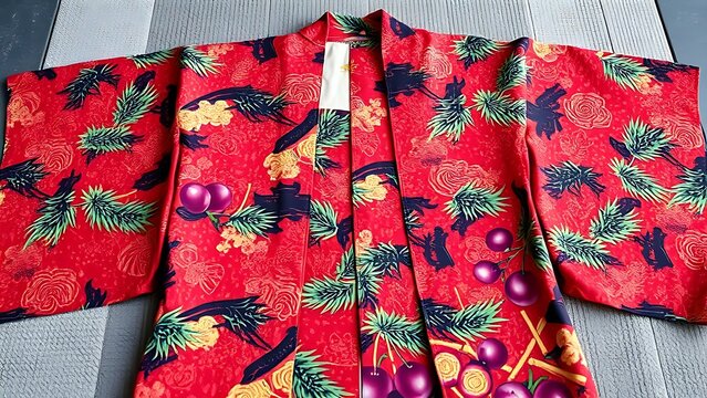 happi. Vibrant Japanese happi coat with pine, bamboo, and plum patterns. event programs, museum guides, designed for cultural heritage projects and event programs, elevates cultural identity.