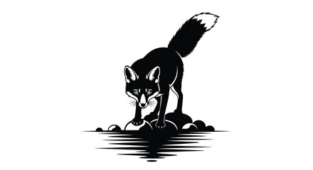 A black and white illustration of a fox cautiously approaching water © farhan