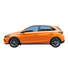Obraz premium Orange hatchback car parked on a flat surface under bright daylight in an open area