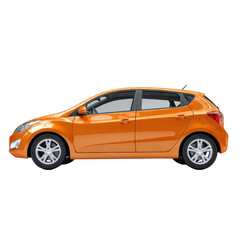 Fototapeta premium Orange hatchback car parked on a flat surface with clear background under bright daylight