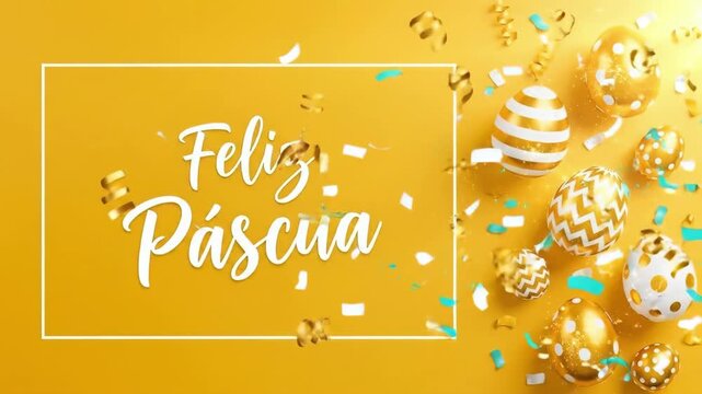 Festive easter eggs in gold white and striped patterns scattered with confetti on yellow background. Spanish text feliz pascua meaning happy easter. Holiday greeting card concept for spring
