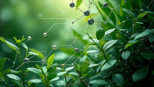 normalizing. Nature and technology concept with organic plant patterns merging with geometric green and silver shapes. product launch decks.
