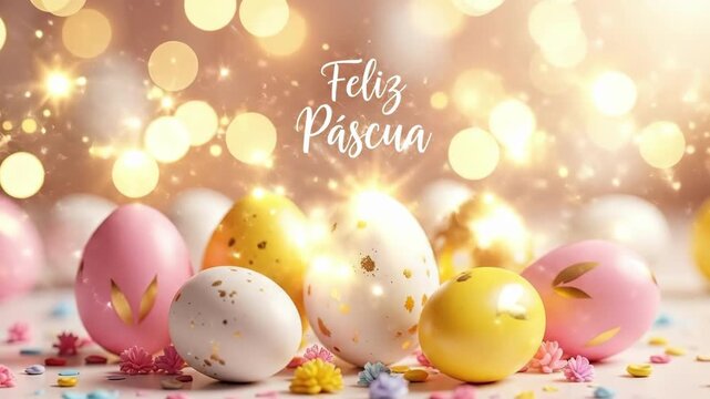 Colorful easter eggs in pink yellow gold and white arranged on table with bokeh lights and spanish Feliz Pascua greeting meaning happy easter. Festive spring holiday celebration concept for seasonal
