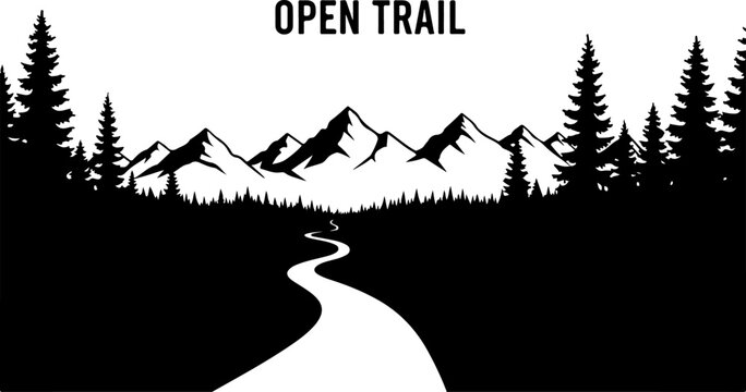 Vector illustration of open trail with mountain and forest landscape