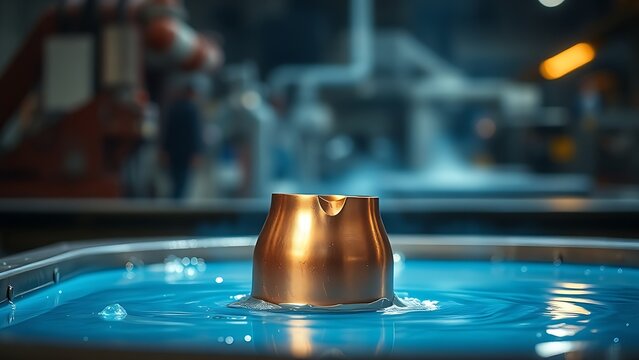 electrolytic. A copper part emerging from a blue electrolytic bath in an industrial setting. safety posters, maintenance manuals, designed for precision metalworking and fabrication facilities.