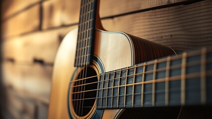 Fototapeta premium chord. Acoustic guitar close-up against rustic wood, highlighted by warm side lighting. tutorial guides, club newsletters, designed for tourism and weekend activity guides, supports event promotion.