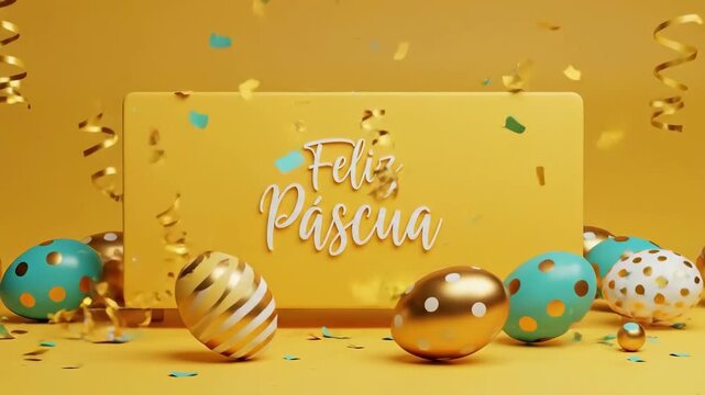 Colorful easter eggs with spots and stripes on yellow background. Feliz pascua text in spanish meaning happy easter. Festive holiday greeting for spring celebration and decoration concept
