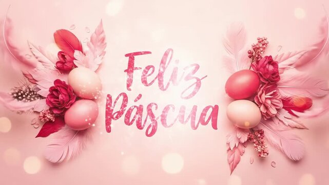 Pink easter eggs with red feathers and flowers on soft pink background. Spanish feliz pascua text meaning happy easter. Festive spring holiday greeting and decoration concept for celebrations