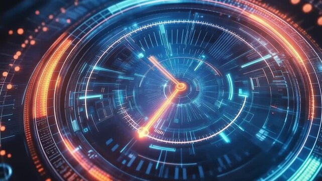 Digital Clock Displaying Time: An intricate clock interface, with radiant blue and orange hues, showing the passage of time through its mesmerizing digital display.