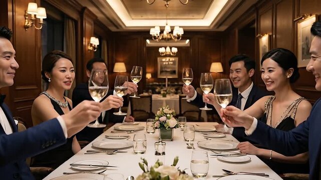 Elegant dinner party, formal evening, wine glasses, fine dining, luxurious restaurant