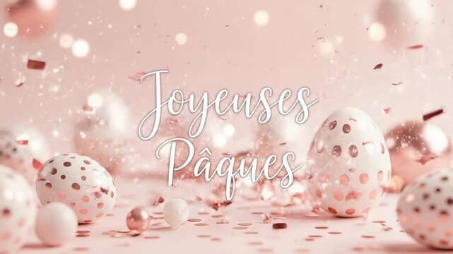 Festive pink easter eggs with confetti and balloons. Joyeuses paques text meaning happy easter greeting in french. Spring holiday celebration and decoration concept