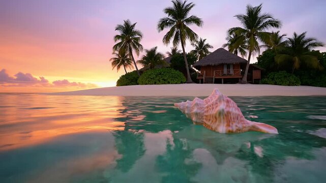 A large conch shell floats in the shallow, clear ocean at sunset near palm trees and bungalows