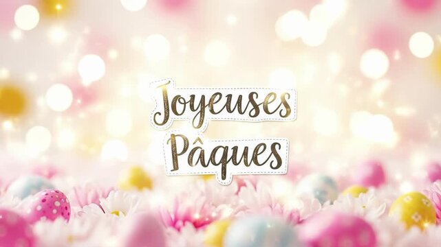 Pastel easter eggs surrounded by white daisies on soft pink background. Joyeuses paques french text meaning happy easter greeting. Spring holiday celebration concept for seasonal cards