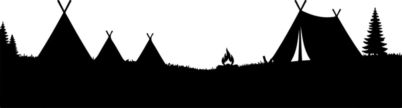 Vector silhouette of teepees and trees landscape