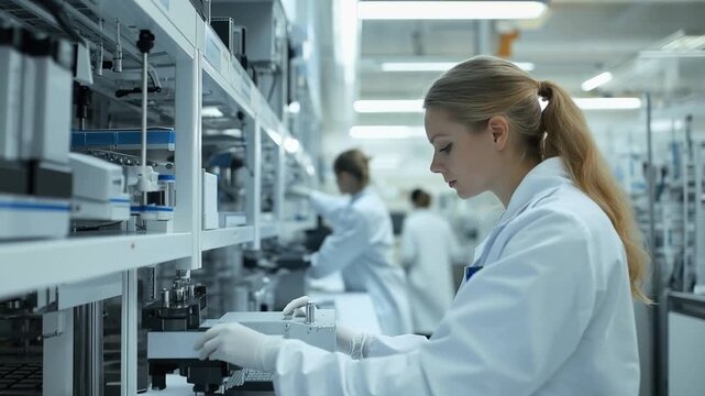 Scientific Precision in the Lab: In a clean, well-lit laboratory environment, a focused scientist meticulously works amidst advanced equipment.