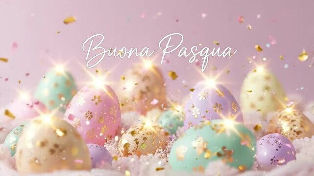 Colorful Easter eggs decorated with cherry blossom patterns and gold foil on pink glittery background. Italian text Buona Pasqua meaning happy Easter. Festive spring holiday greeting concept