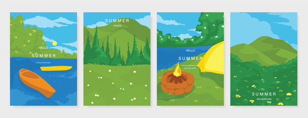 Naklejka premium Abstract Green Summer landscape background vector set. Nature wallpaper of green field on mountain, yellow flowers, blue sky , birds, river. Watercolor illustration for cover, wall art, decoration.