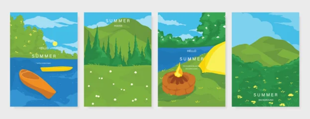 Abstract Green Summer landscape background vector set. Nature wallpaper of green field on mountain, yellow flowers, blue sky , birds, river. Watercolor illustration for cover, wall art, decoration. © babeer